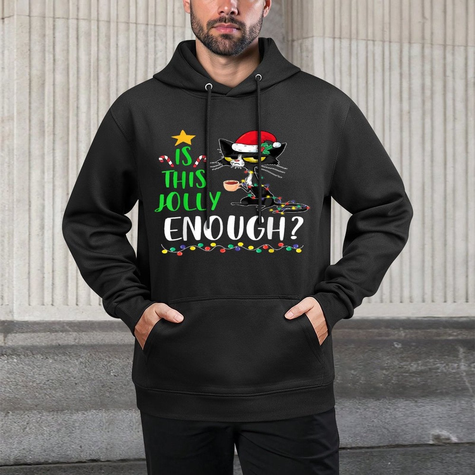 Is This Jolly Enough Black Cat Merry Christmas Xmas Funny Medium-Weight Fabric Hoodie