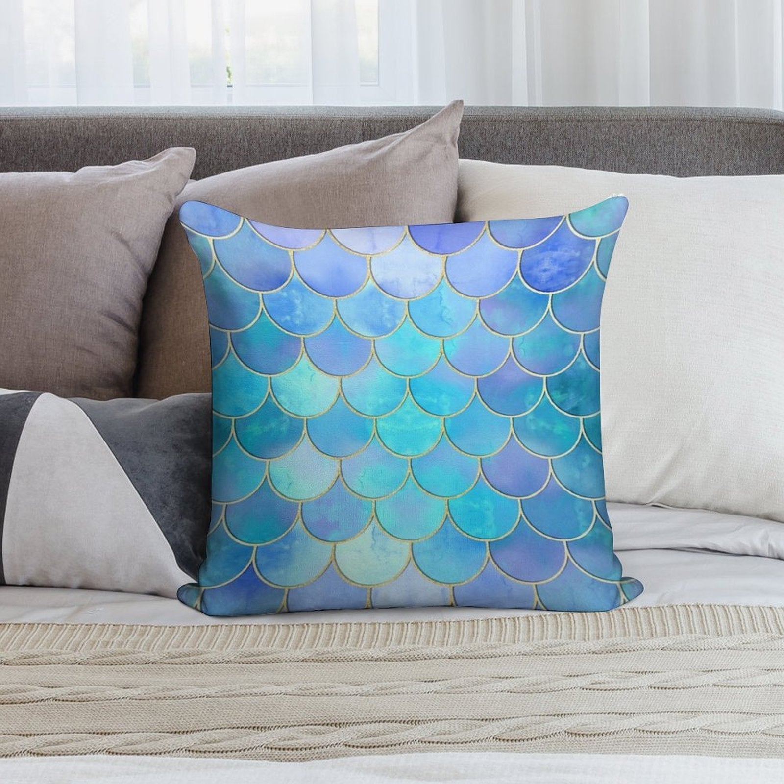 Aqua Pearlescent & Gold Mermaid Scale Pattern Soft Anti-Pilling Throw Pillow