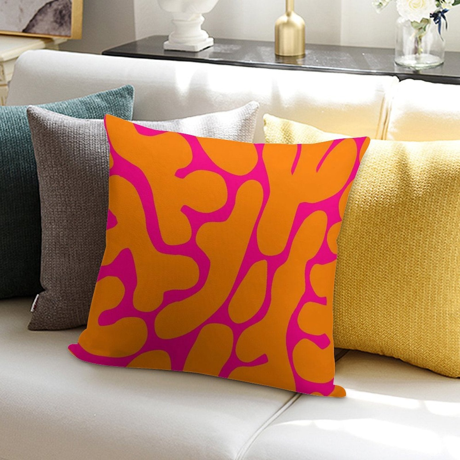 Preppy Coral Reefs Pattern in Pink And Orange Soft Bedroom Essential Throw Pillow