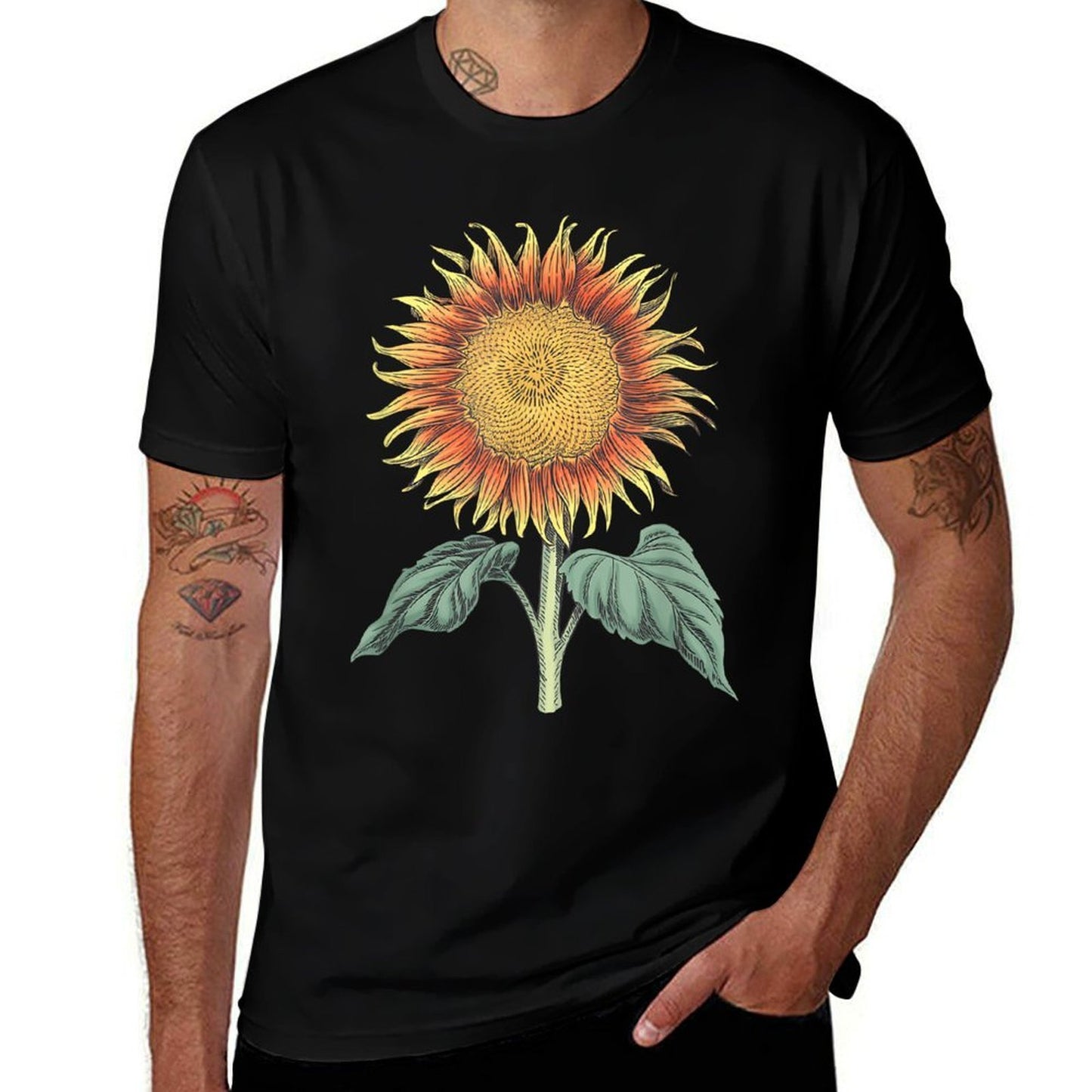 Vibrant Floral Blooming Sunflower Botanical Drawing  Heathered Texture T-Shirt