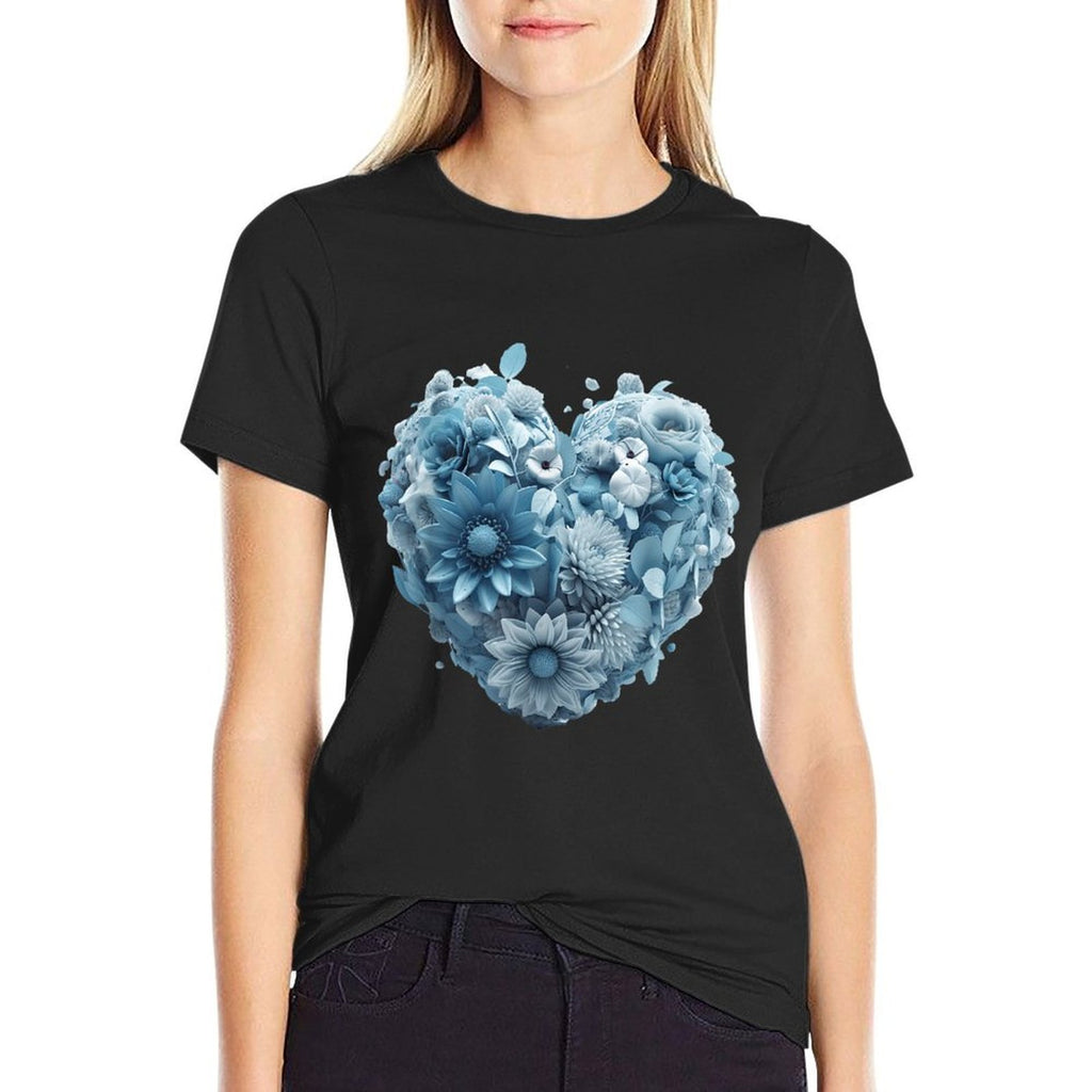 Cute Light Blue Heart Graphic Made of Flowers For Women Girl  Rolled Sleeves T-Shirt