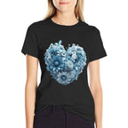 Cute Light Blue Heart Graphic Made of Flowers For Women Girl  Rolled Sleeves T-Shirt