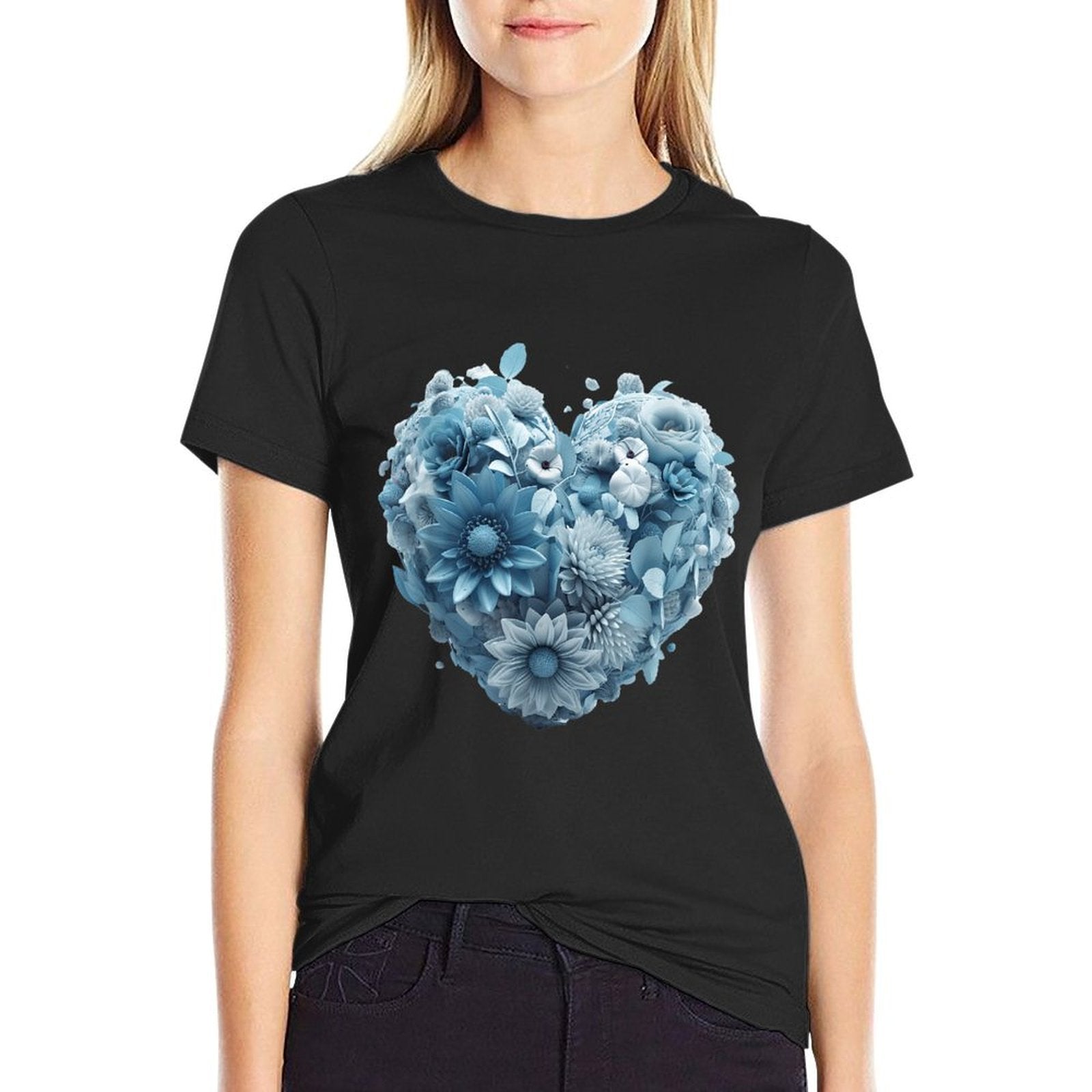Cute Light Blue Heart Graphic Made of Flowers For Women Girl  Rolled Sleeves T-Shirt