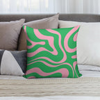 Retro Modern Liquid Swirl Abstract Pattern Square in Spring Green And Pink Soft Multiple Sizes Throw Pillow
