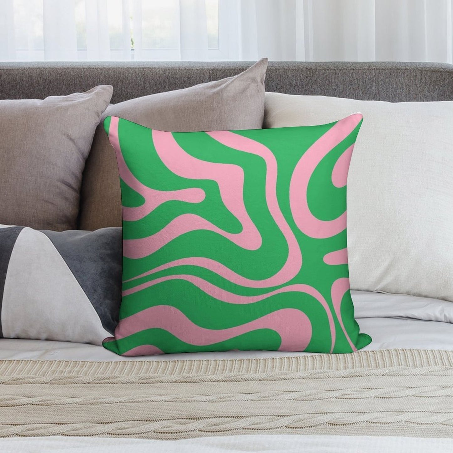 Retro Modern Liquid Swirl Abstract Pattern Square in Spring Green And Pink Soft Multiple Sizes Throw Pillow
