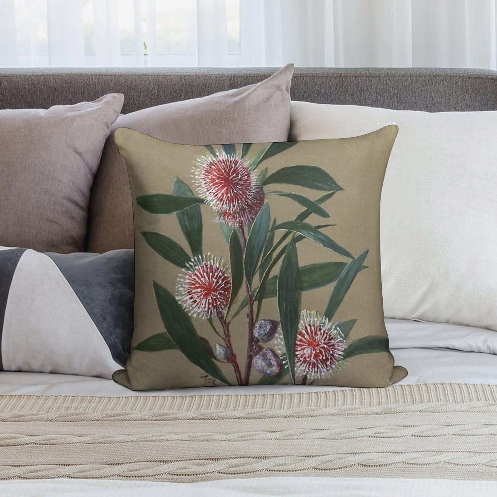 Australian Wildflower Watercolor Pincushion Hakea Soft High-Density Material Throw Pillow