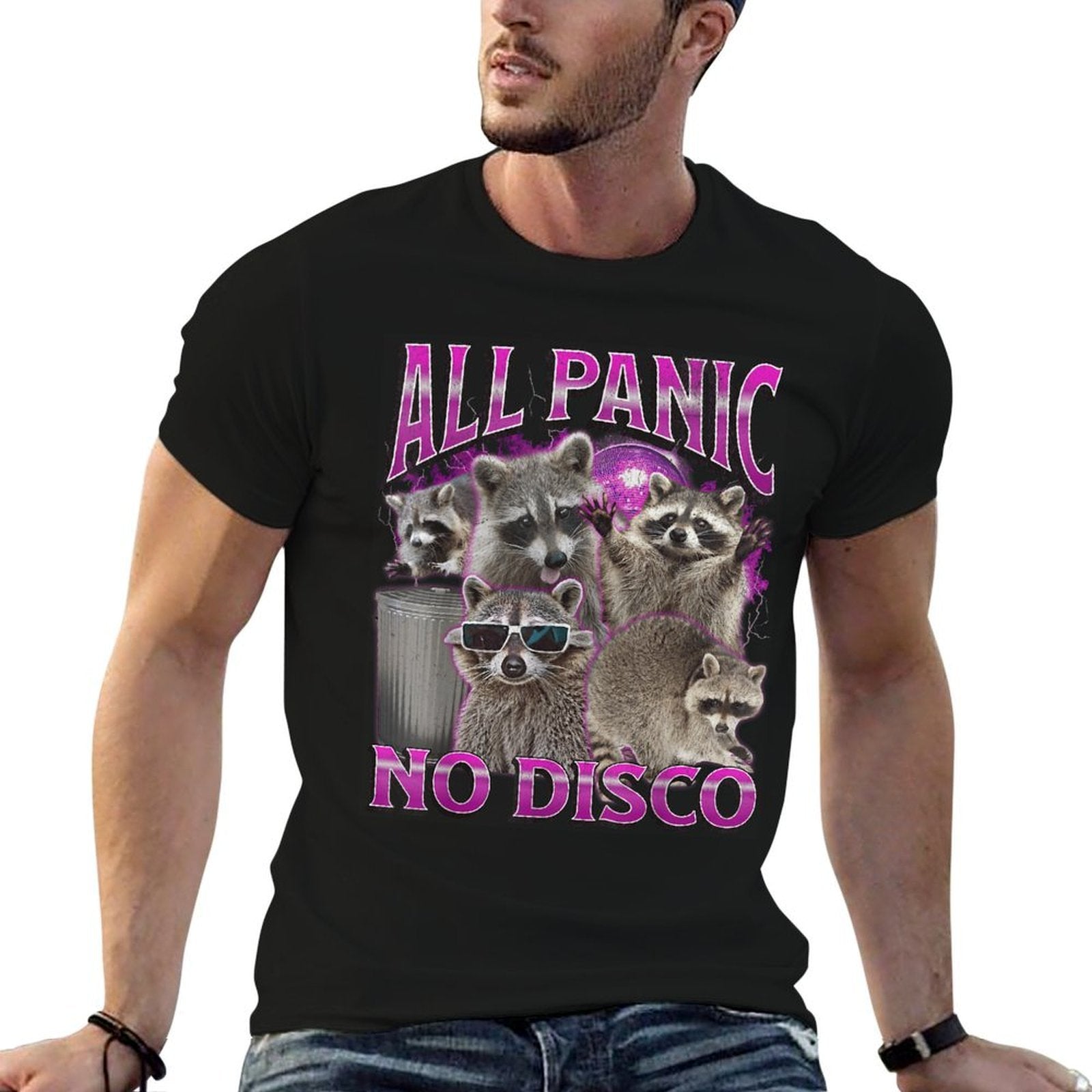 All Panic No Disco Funny Raccoon Meme Bootleg Graphic 90s  Eco-friendly Material T-Shirt