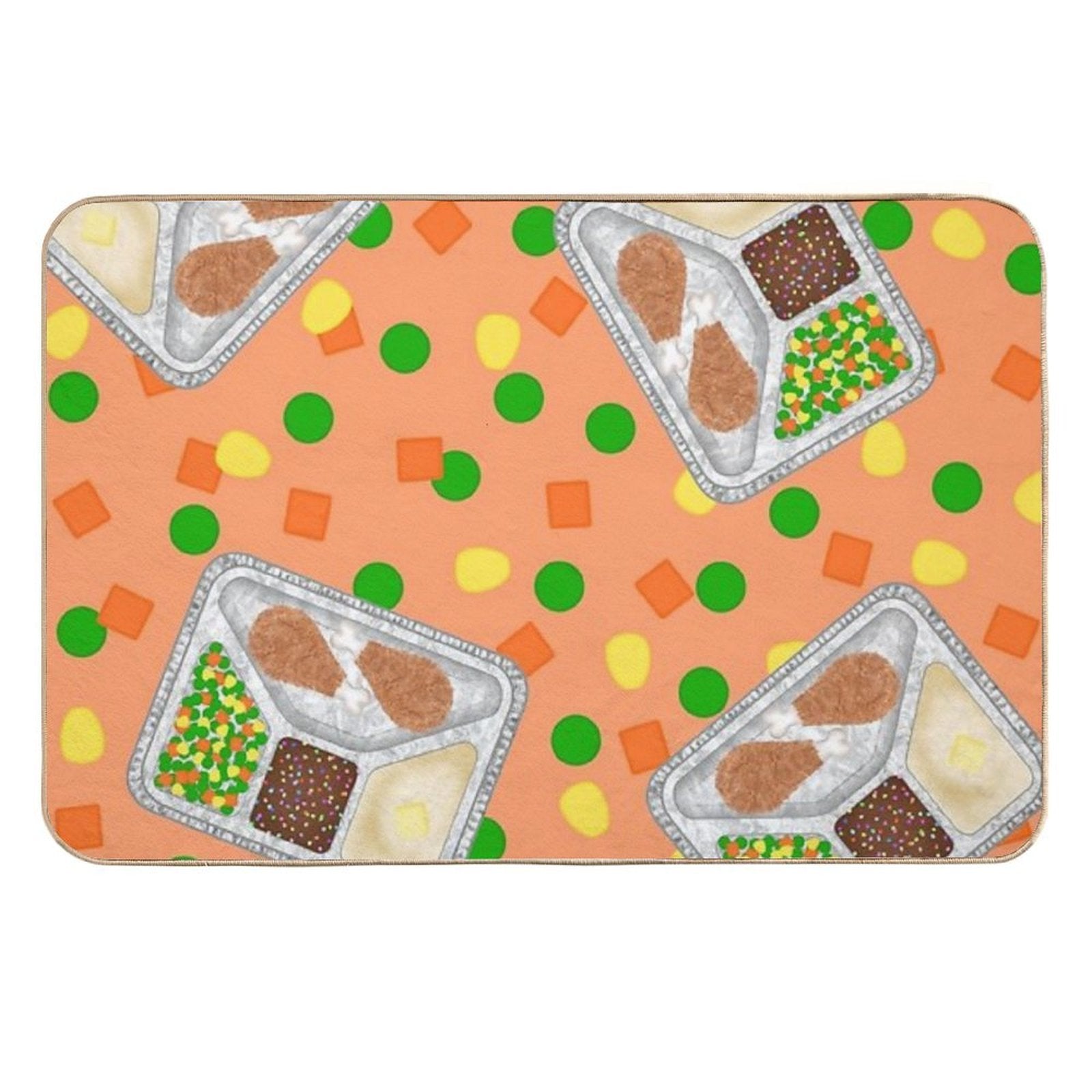 Retro 80’s TV Dinner Tray Food Fried Chicken Peas Corn Carrots On Light Pastel Orange Peach  Dirt-Trapping Bath Mat