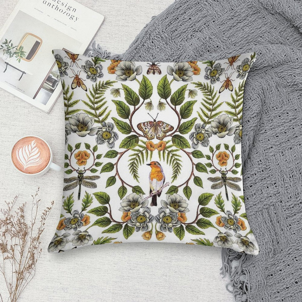 Spring Reflection - FloralBotanical Pattern W Birds, Moths, Dragonflies & Flowers Soft Gift Ready Throw Pillow