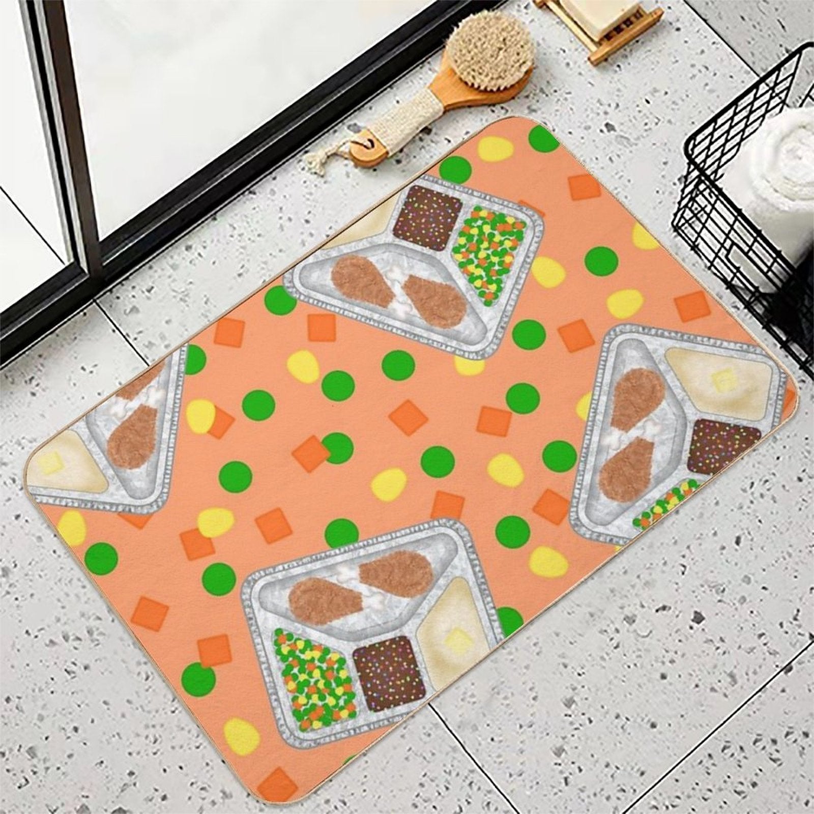 Retro 80’s TV Dinner Tray Food Fried Chicken Peas Corn Carrots On Light Pastel Orange Peach  Dirt-Trapping Bath Mat