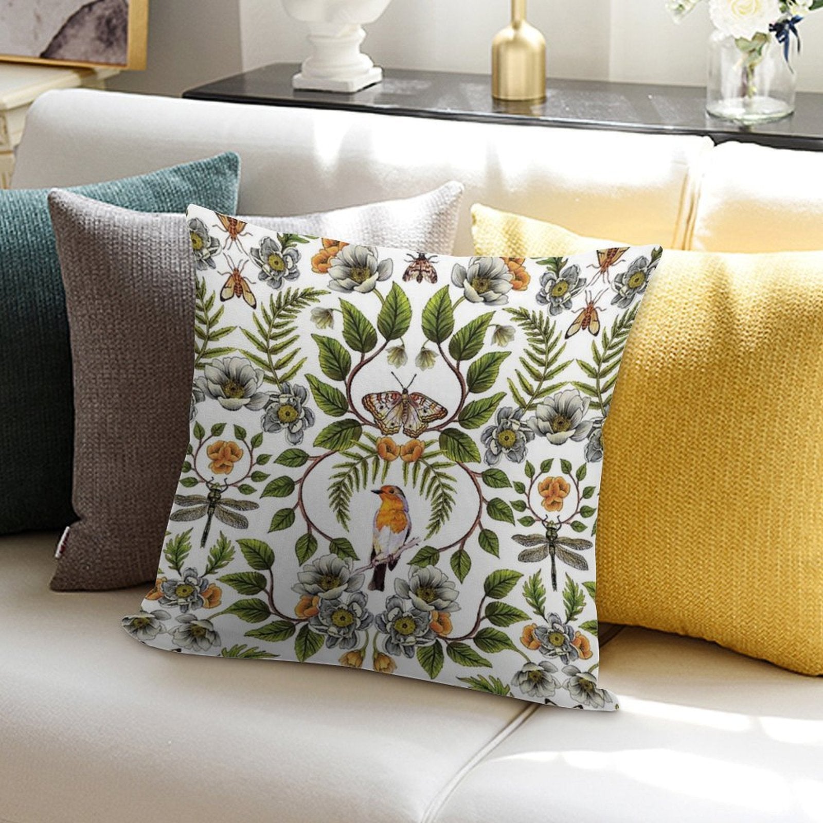 Spring Reflection - FloralBotanical Pattern W Birds, Moths, Dragonflies & Flowers Soft Gift Ready Throw Pillow