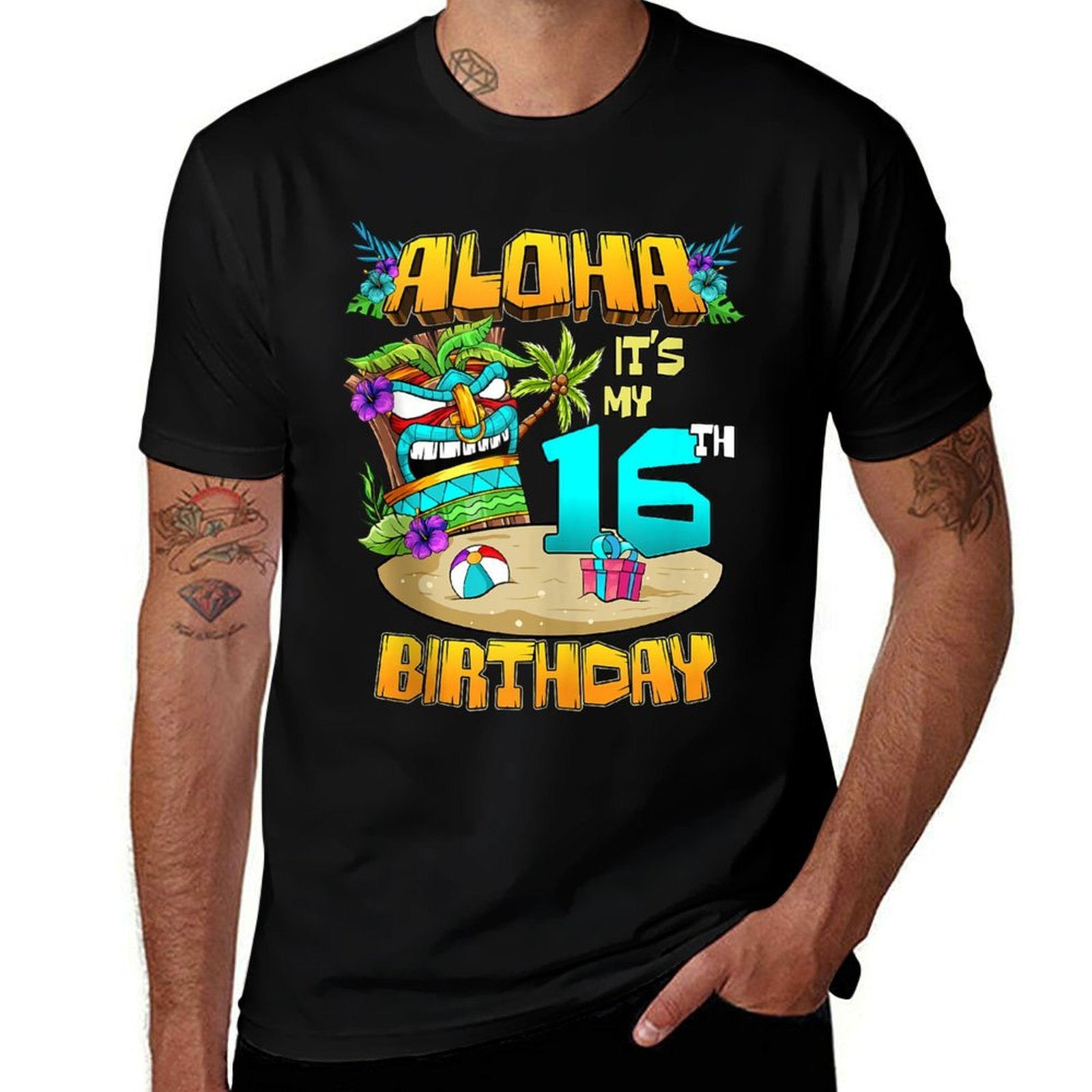 Aloha 16th Birthday Hawaii Tiki Hawaiian Theme 16 Years Old  High-quality Stitching T-Shirt