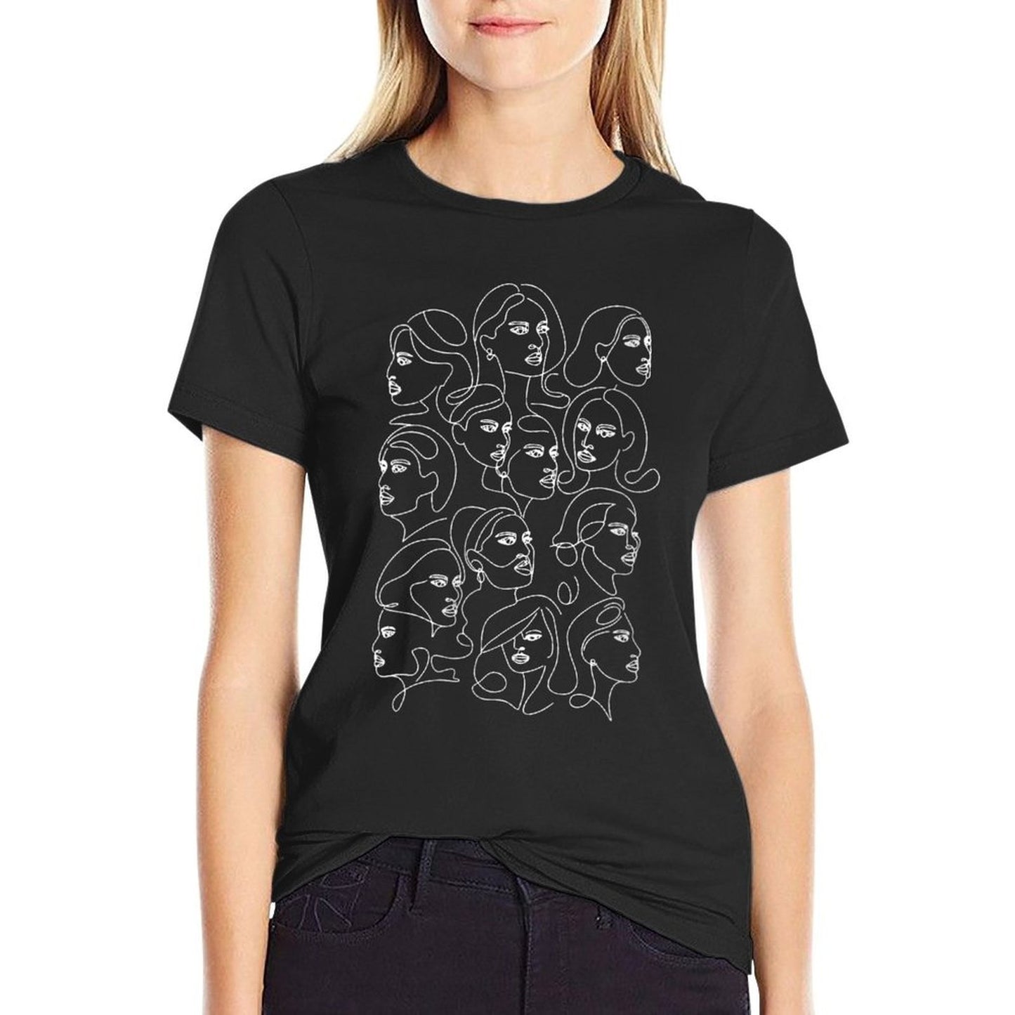 Womens Feminine Faces Abstract Line Art For Feminist Artist  Easy-care T-Shirt