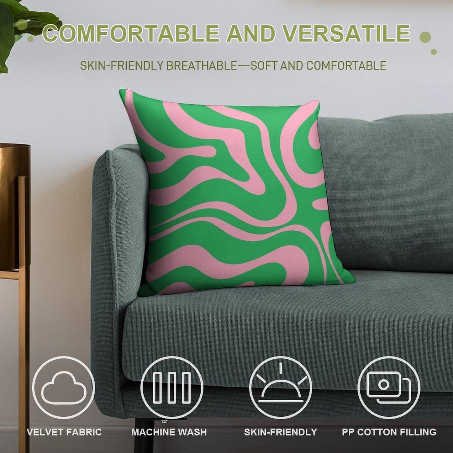Retro Modern Liquid Swirl Abstract Pattern Square in Spring Green And Pink Soft Multiple Sizes Throw Pillow