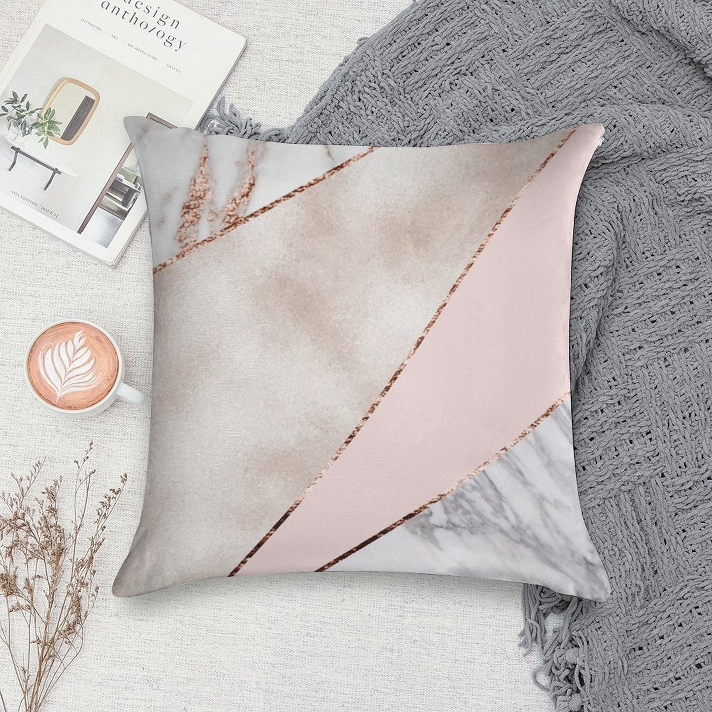 Spliced Mixed Rose Gold Marble Soft Bedroom Essential Throw Pillow