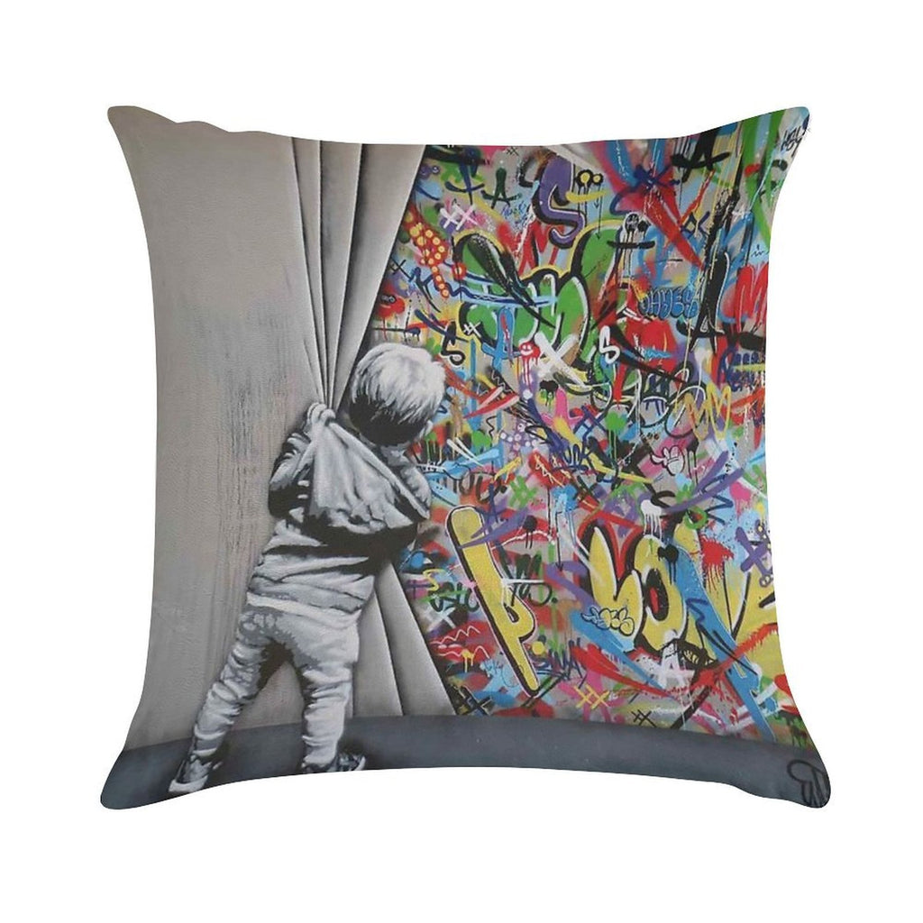 Behind The Curtain Banksy Soft Washable Throw Pillow