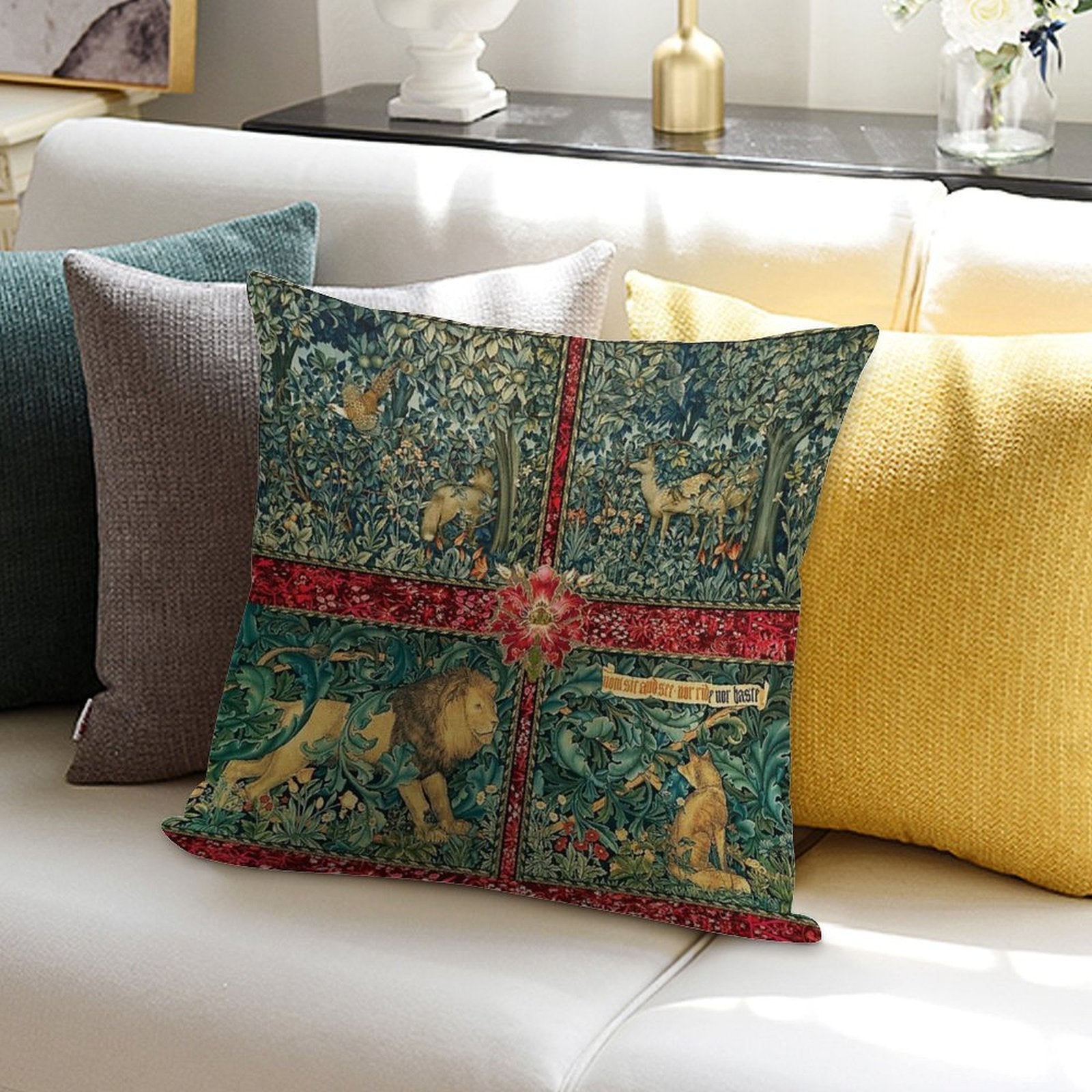 GREENERY FOREST ANIMALS ,LION ,FOX,PHEASANT AND DOES Red Green Floral Tapestry Soft Ultra-Soft Texture Throw Pillow