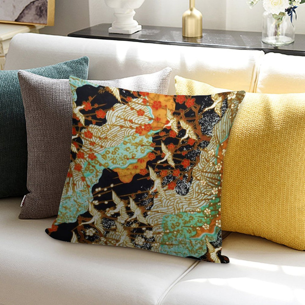 FLYING CRANES AND SPRING FLOWERS Antique Japanese Floral Soft Hidden Zipper Throw Pillow