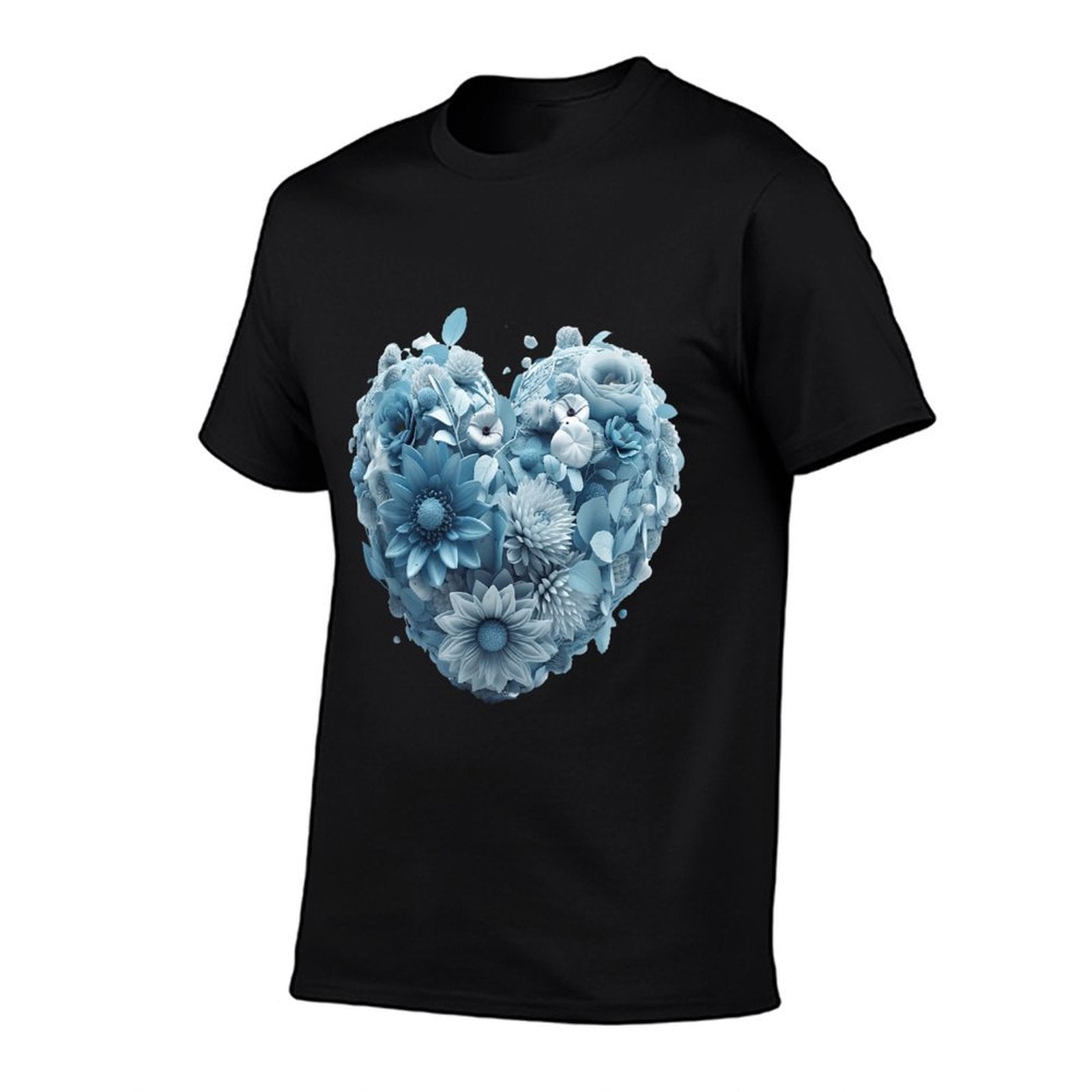 Cute Light Blue Heart Graphic Made of Flowers For Women Girl  Rolled Sleeves T-Shirt