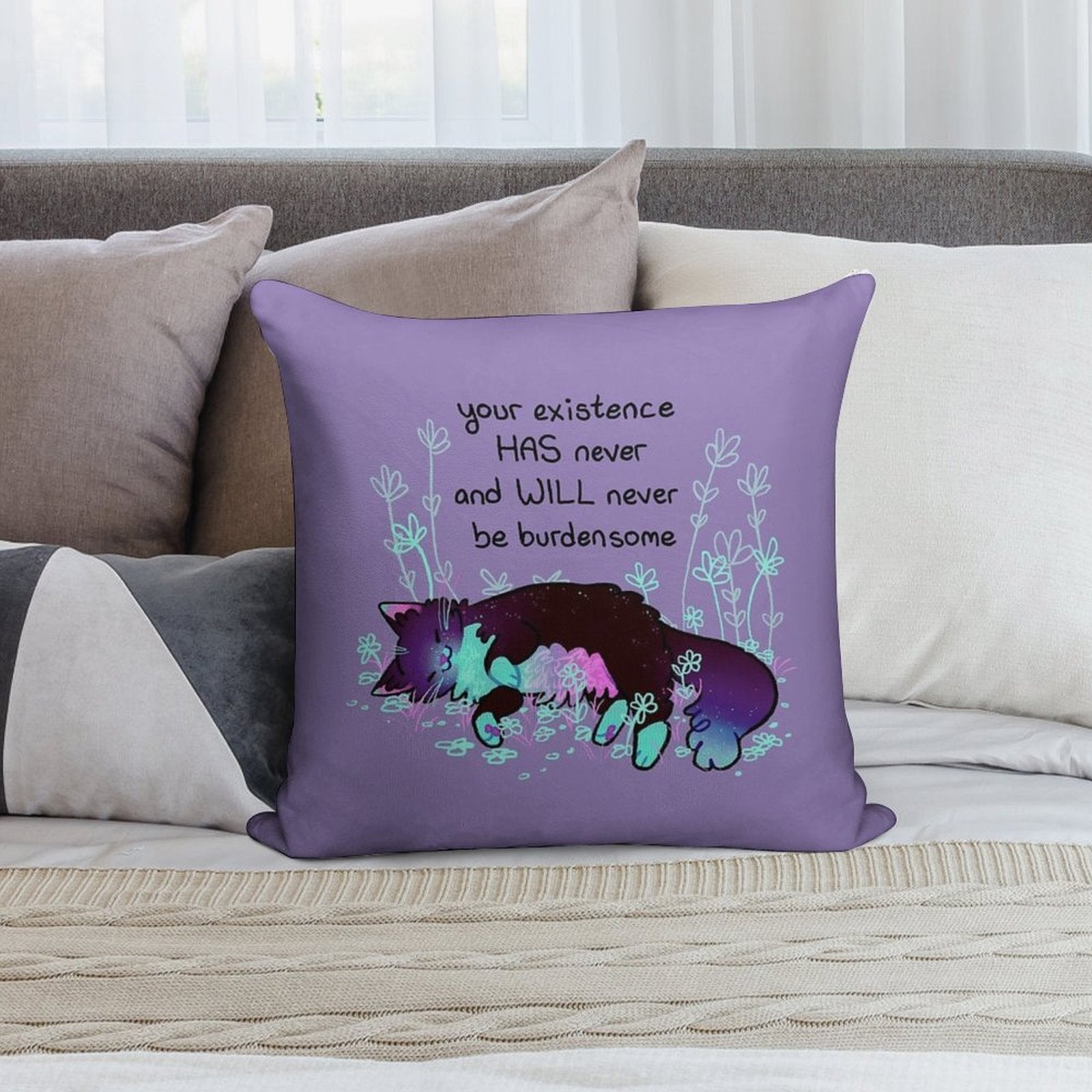 Your Existence Neon Sleepy Kitty Soft Washable Throw Pillow