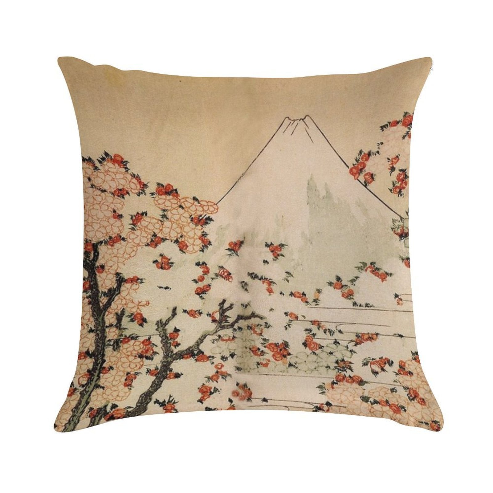'Mount Fuji Behind Cherry Tree And Flowers' by Katsushika Hokusai (Reproduction) Soft Luxury Feel Throw Pillow