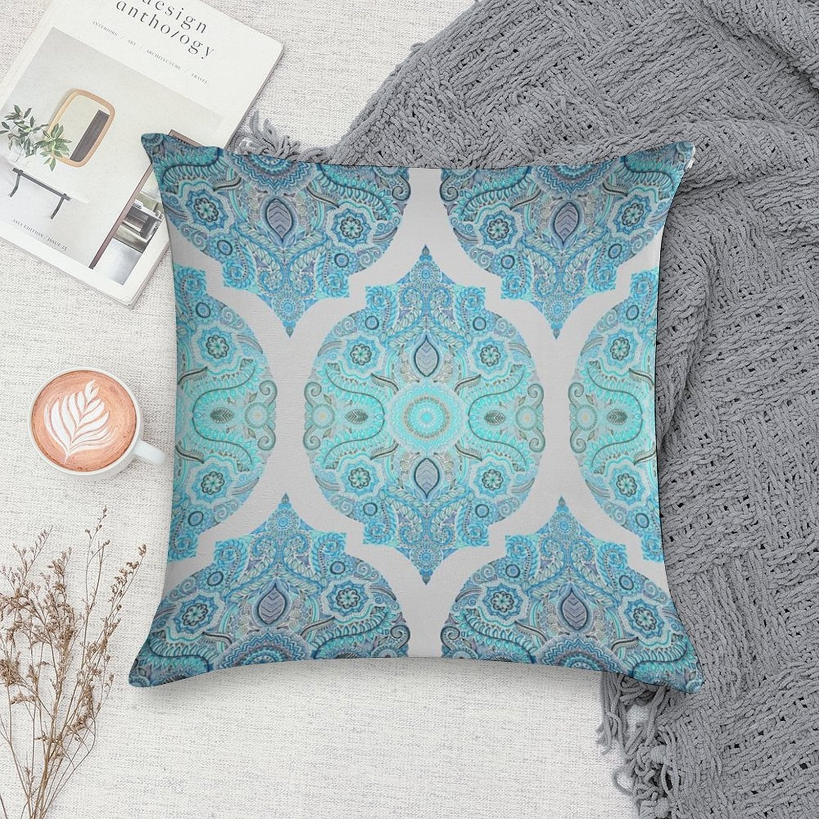 Through Ocean & Sky - Turquoise & Blue Moroccan Pattern Soft Luxury Feel Throw Pillow