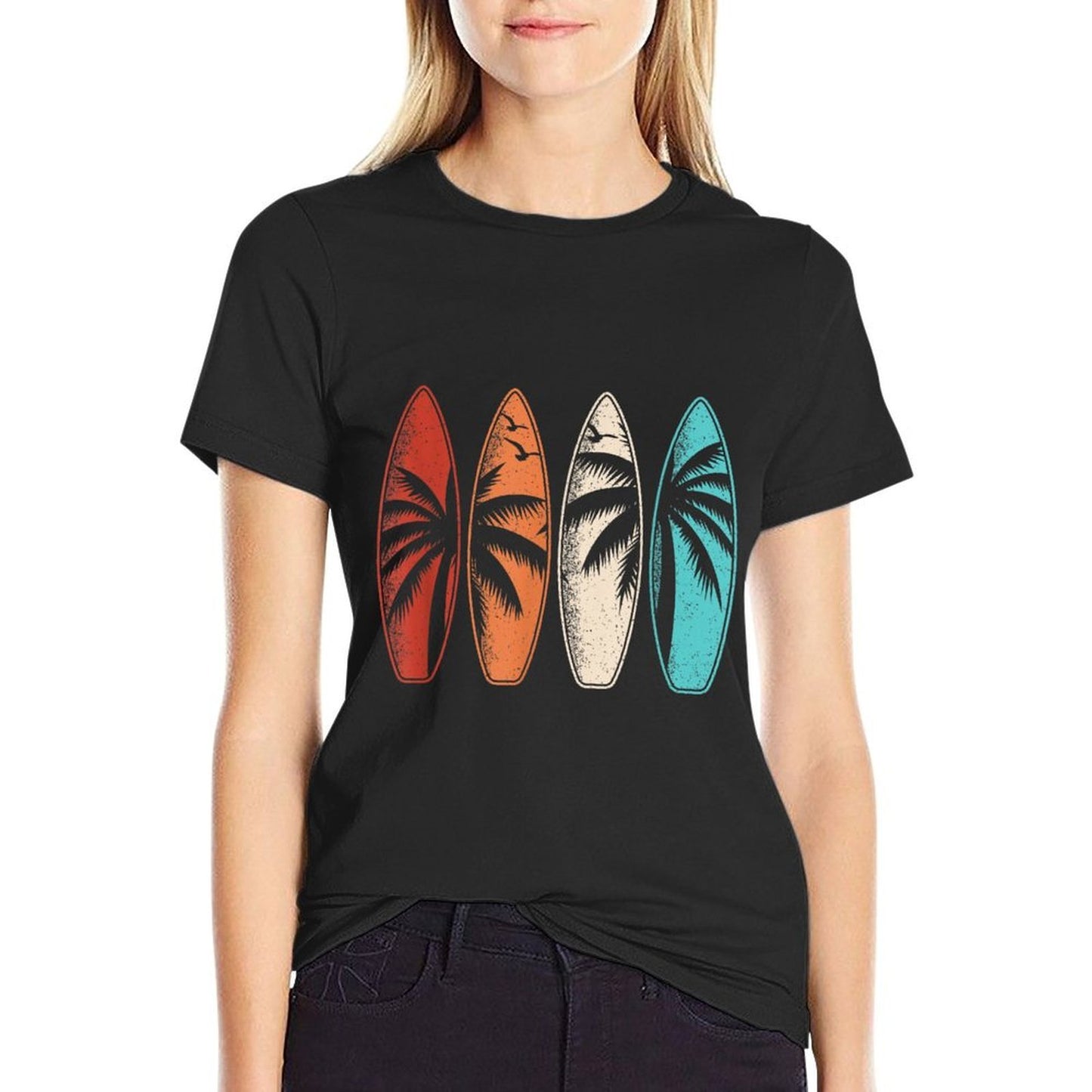 Tropical Hawaii Palm Tree Surfing Beach Surfboard Retro Surf  Soft T-Shirt