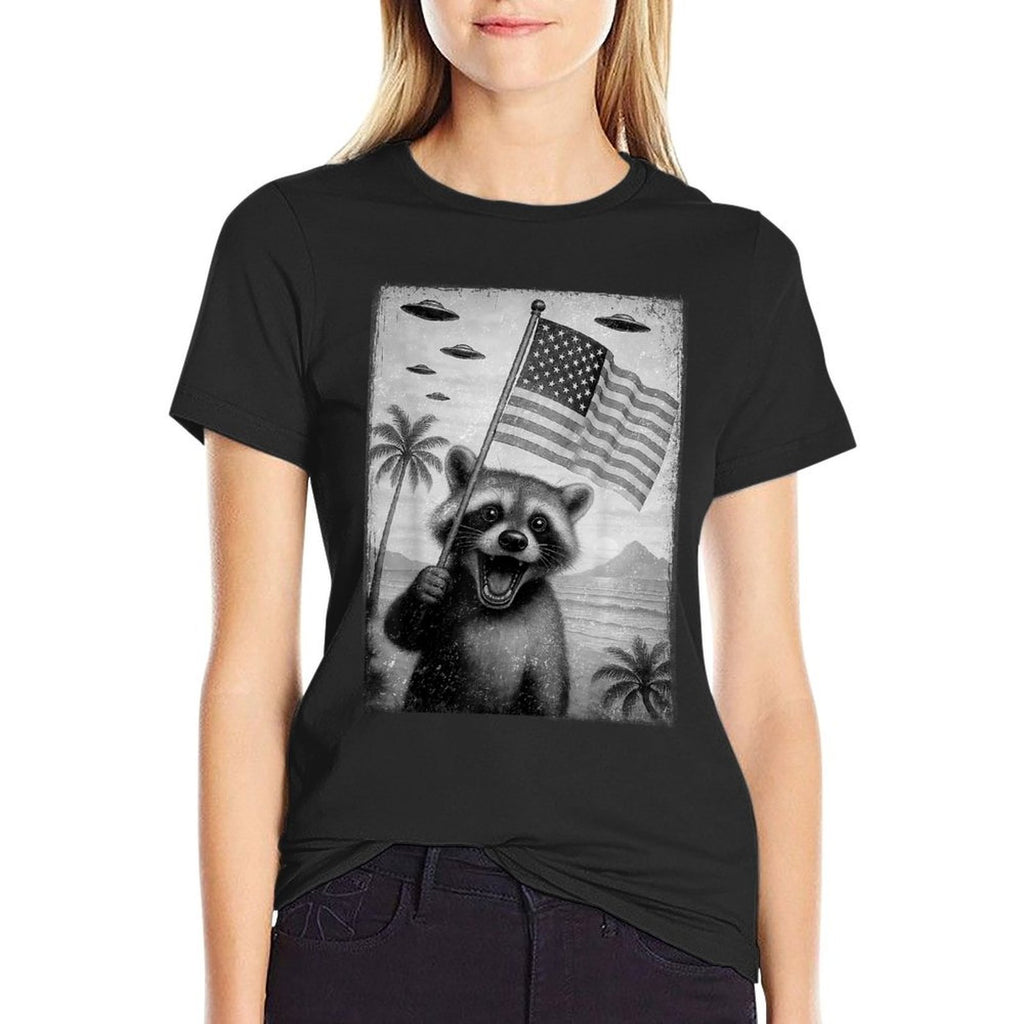 Funny Racoon Selfie with UFOs Meme 4th Of July Men Kid  High-quality Stitching T-Shirt