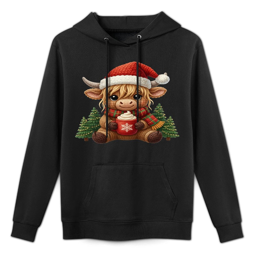Crochet Yarn Cute Christmas Highland Cow Santa Hat Farm Sweatshirt Kangaroo Pocket Hoodie