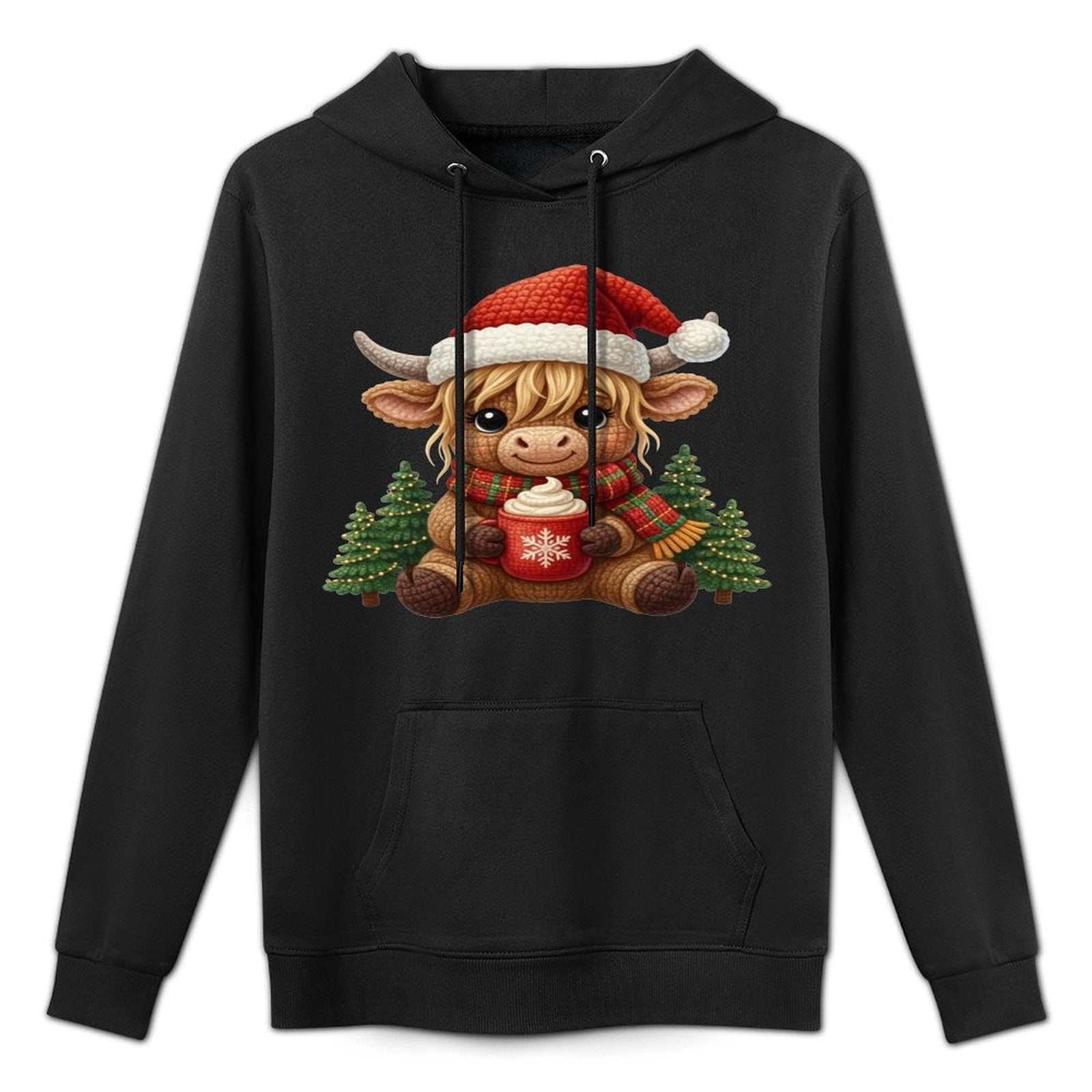 Crochet Yarn Cute Christmas Highland Cow Santa Hat Farm Sweatshirt Kangaroo Pocket Hoodie