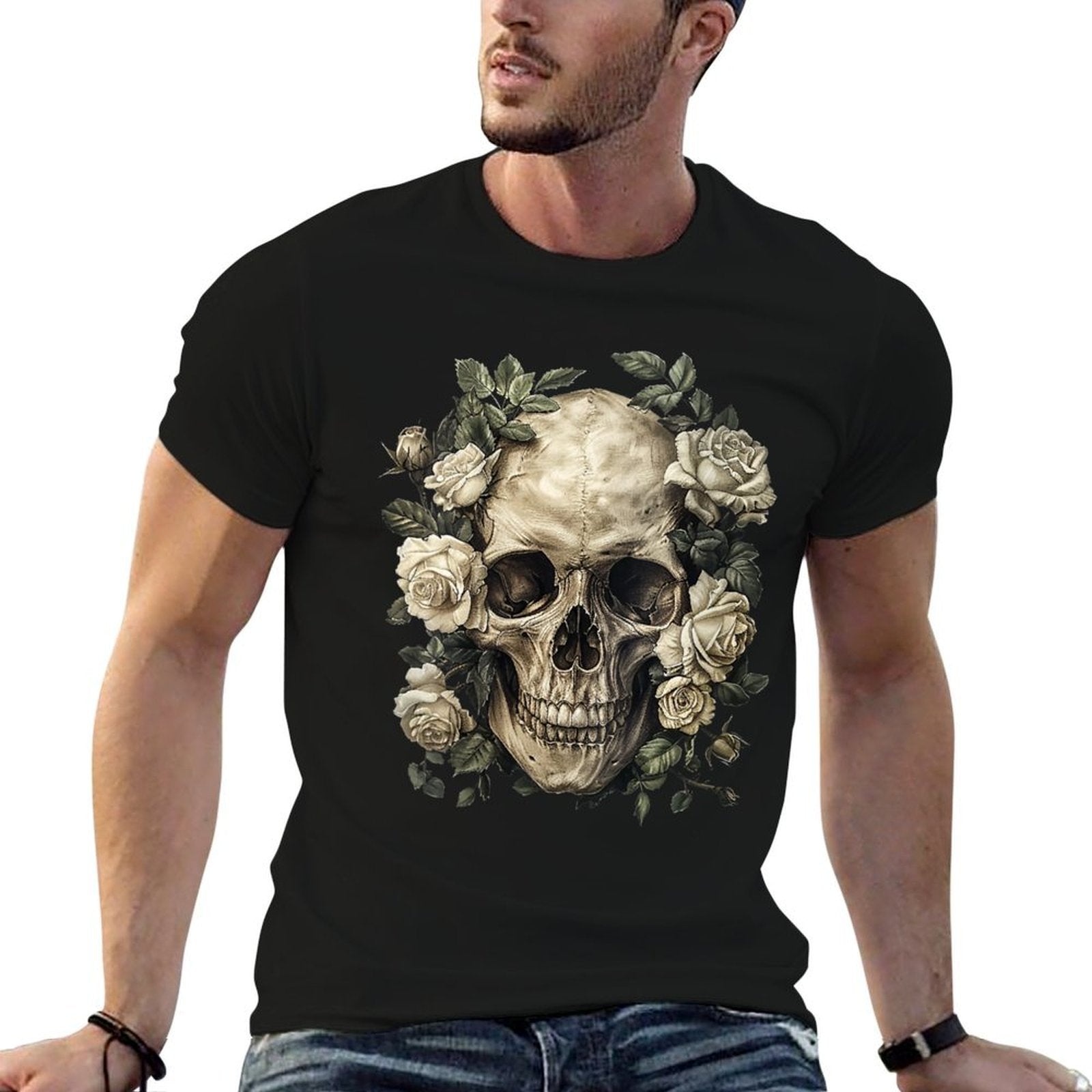 Womens Skull Roses  Tagless Design T-Shirt