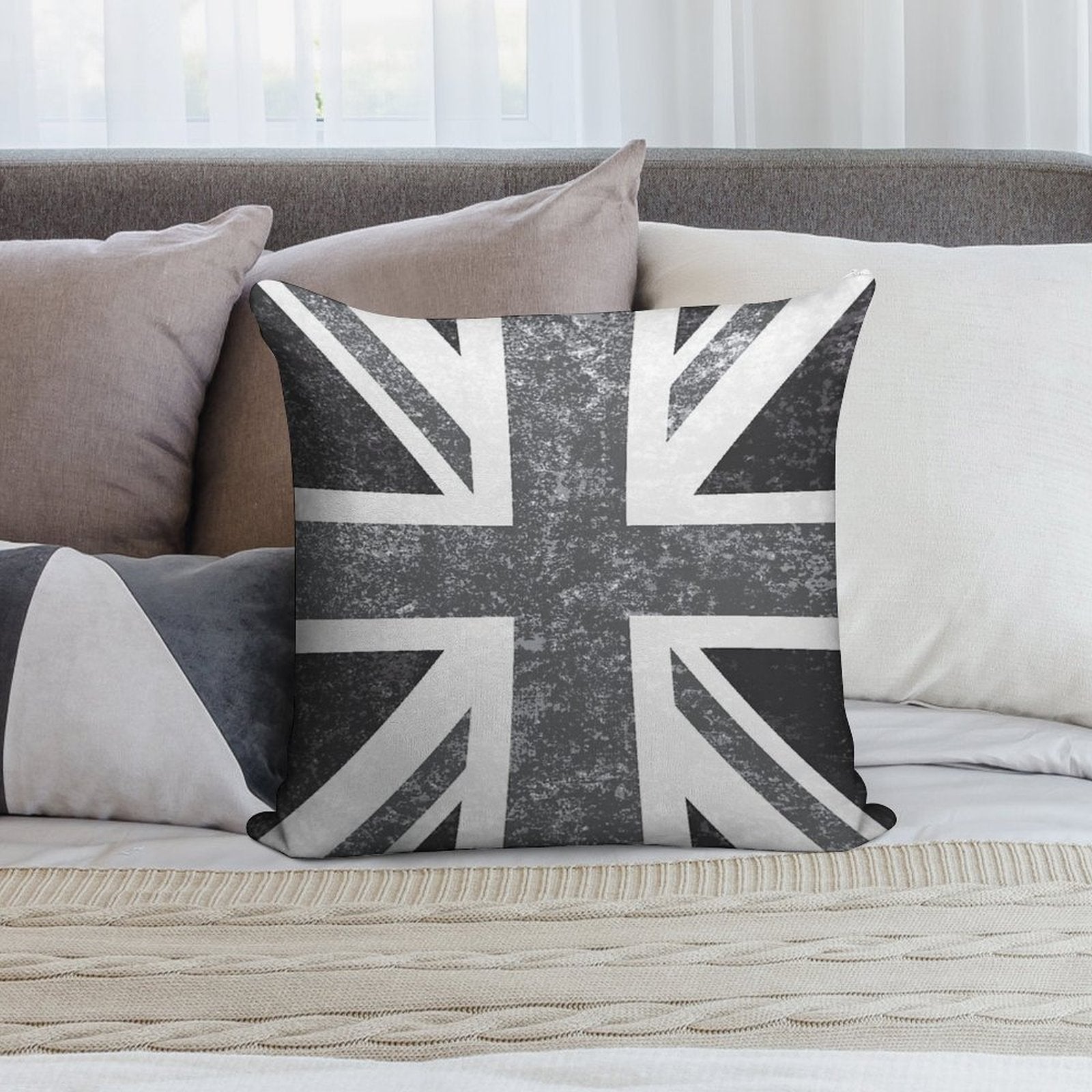 Union Jack Vintage Grayscale - United Kingdom Flag Soft Short Plush Fabric Throw Pillow