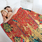 LADY AND UNICORN Taste, Red Green Fantasy Flowers,Animals Multi-functional Throw Blanket