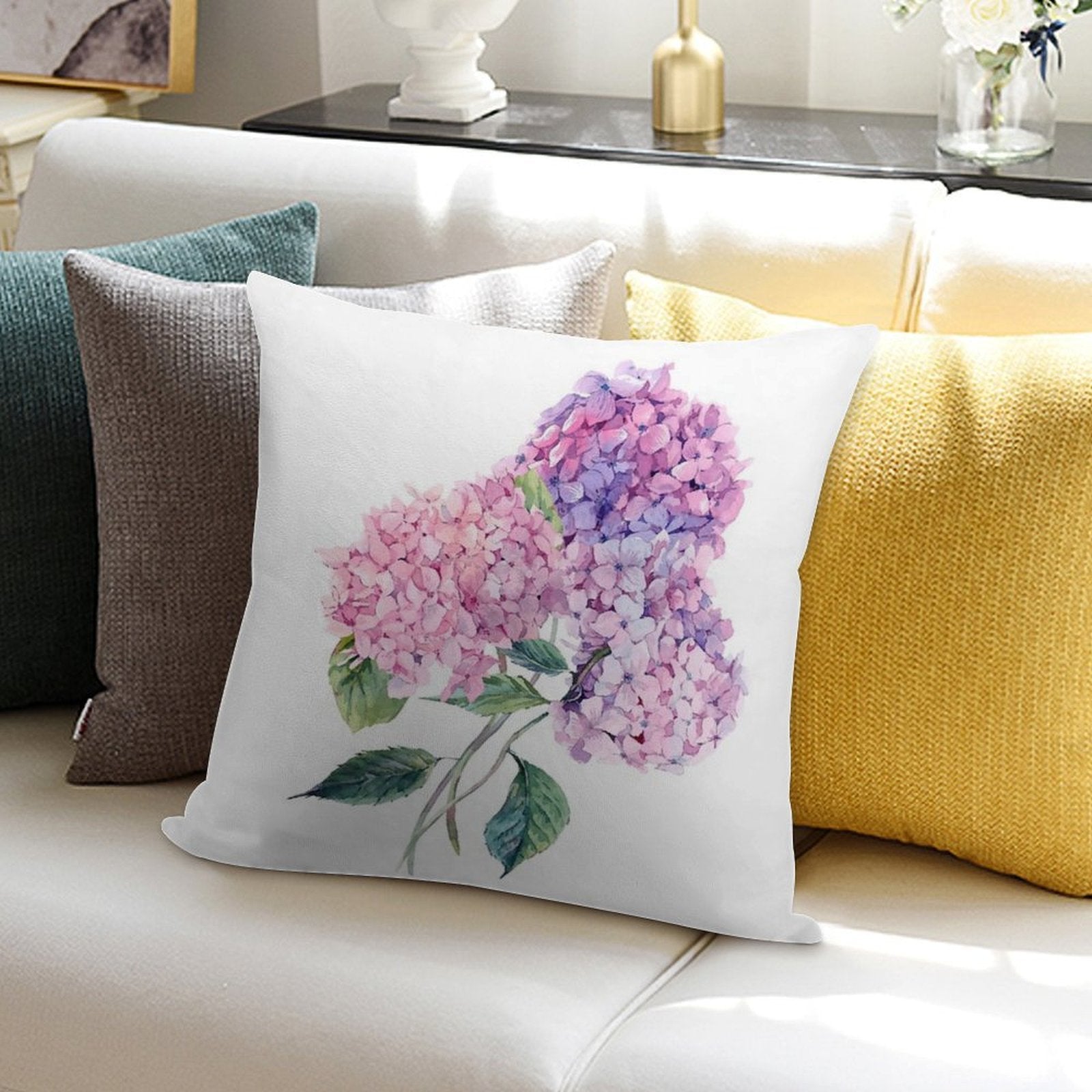 Watercolor Branch of Blooming Hydrangeas Soft Reinforced Edging Throw Pillow