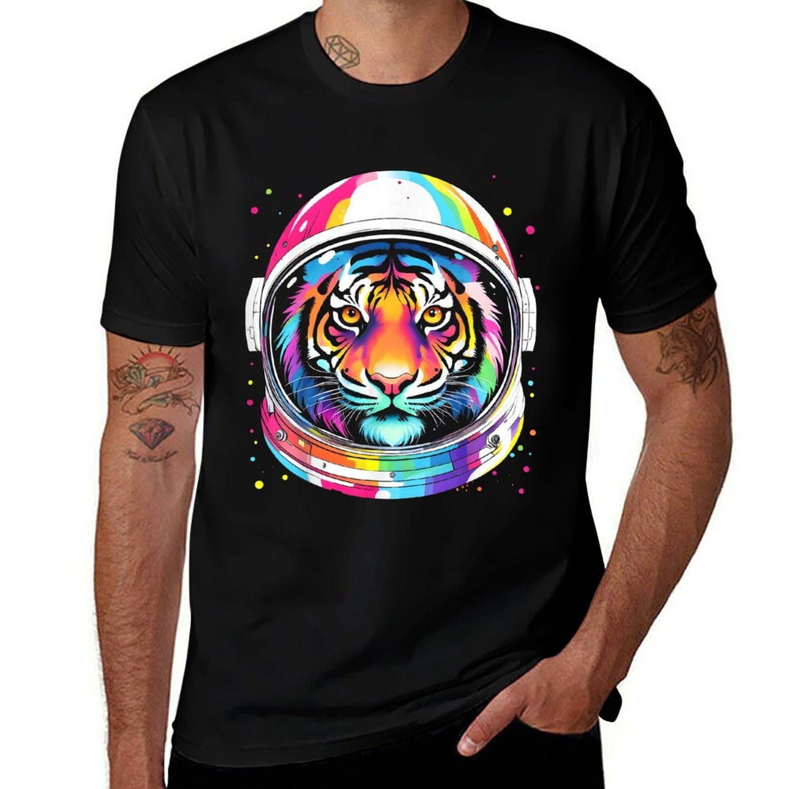 Astronaut Tiger Adventure Vibrant Colorful Space Funny  Rolled Sleeves T-Shirt
