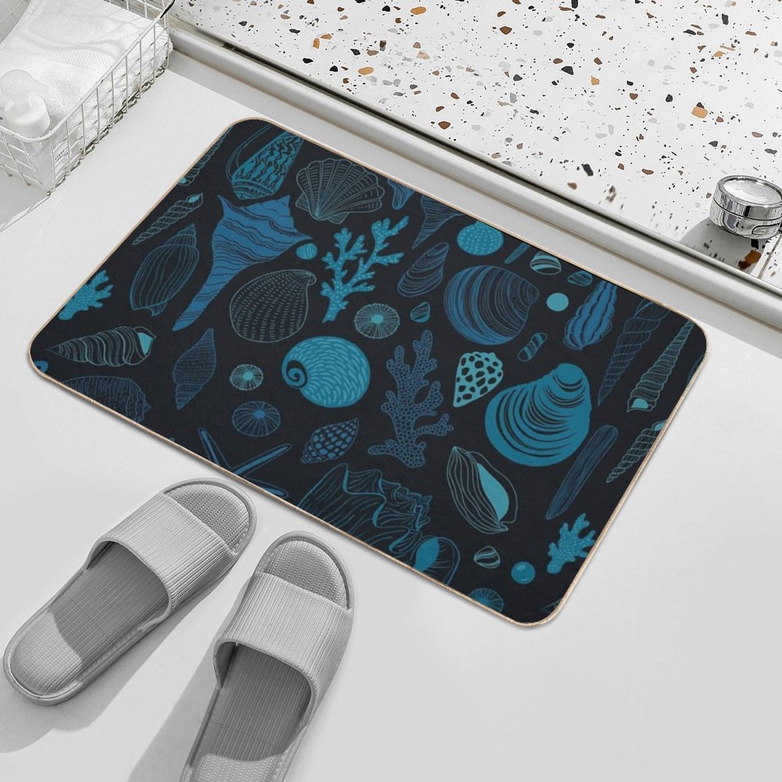 Sea Shells on Dak Blue  Absorbent Bath Mat