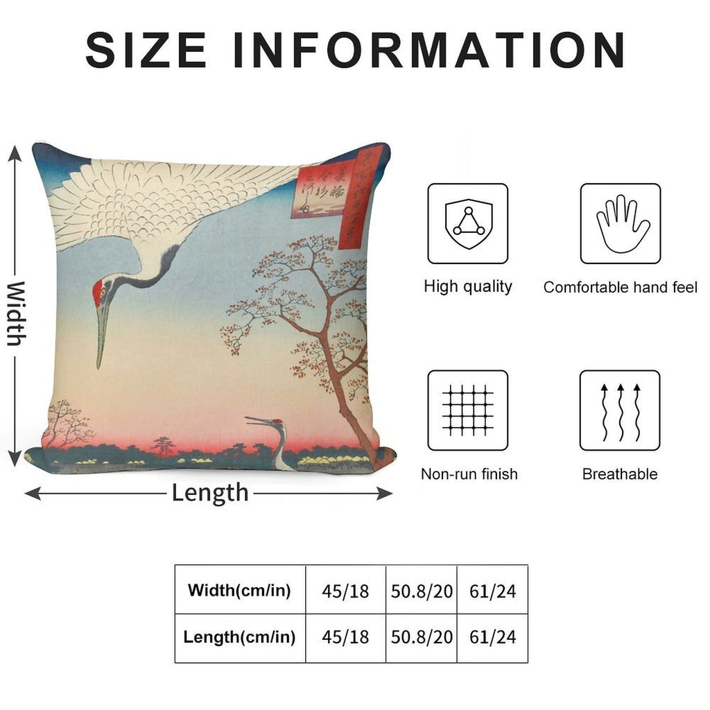 Red-crowned Crane Vintage Ukiyo-e Japanese Art Soft Short Plush Fabric Throw Pillow