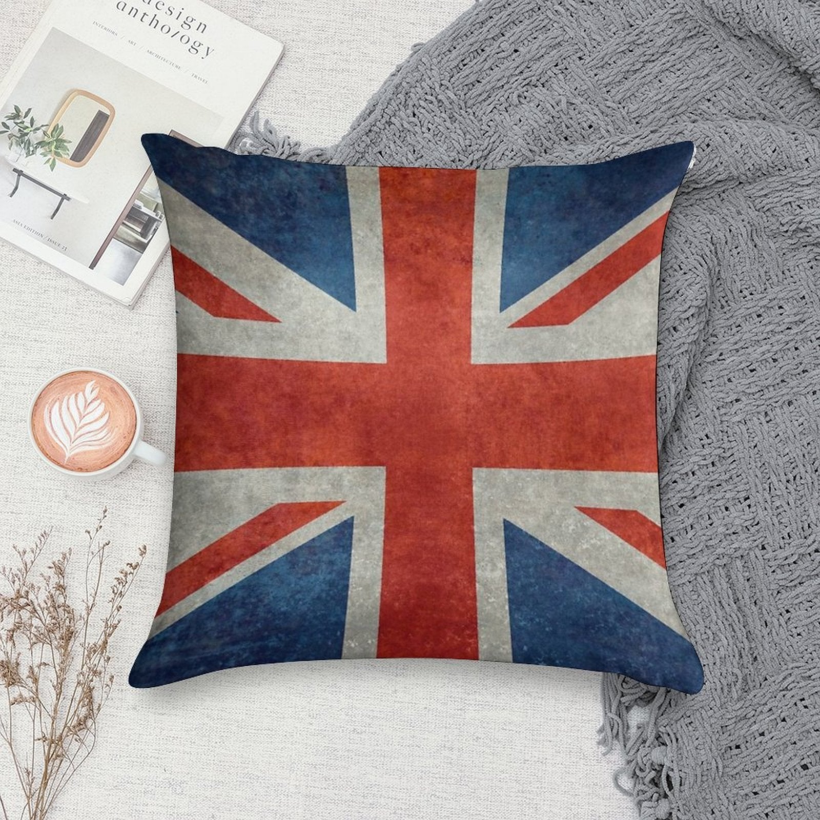 British Union Jack Flag Grungy Vintage Version Soft Anti-Pilling Throw Pillow