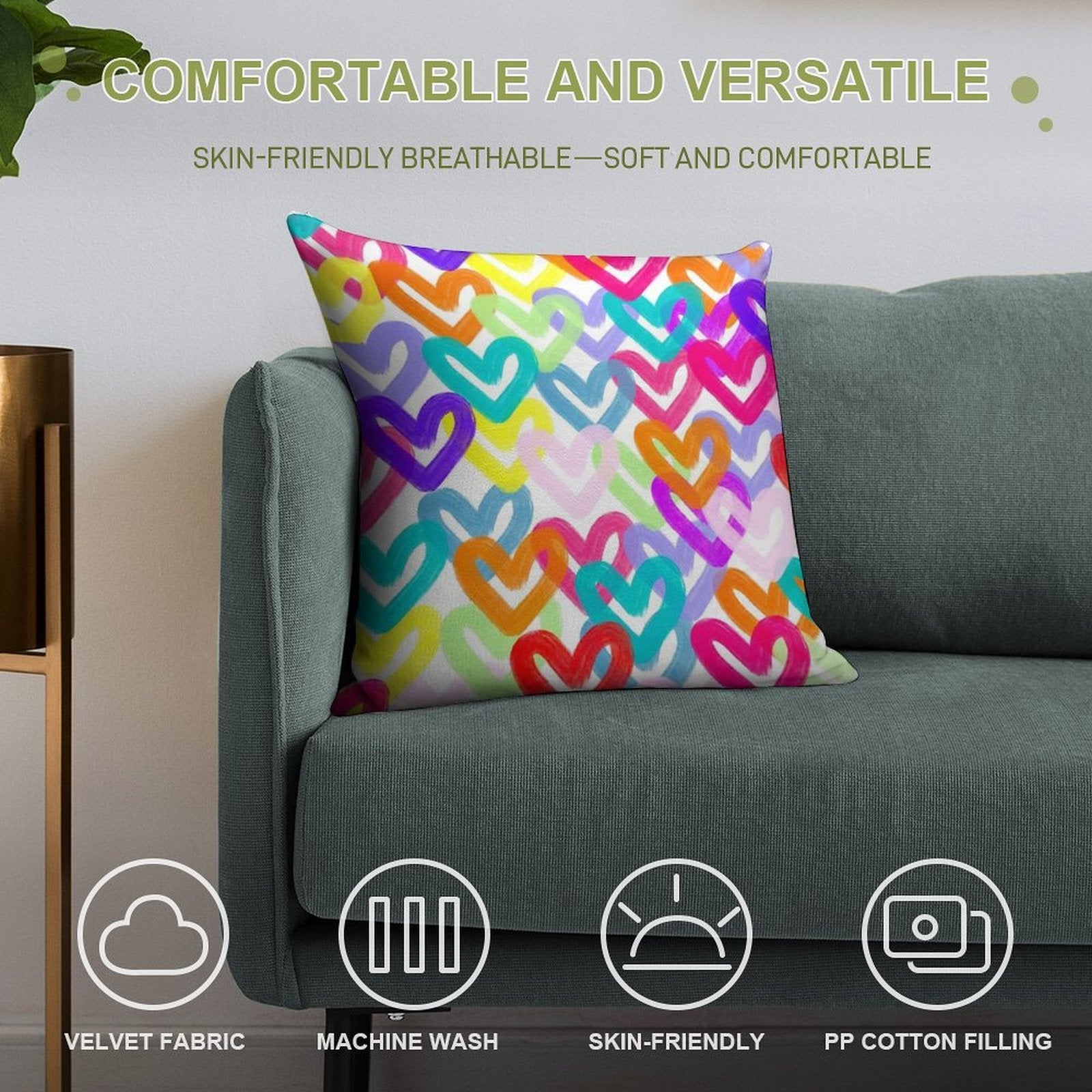 Colorful Heart Abstract Soft Durable Construction Throw Pillow