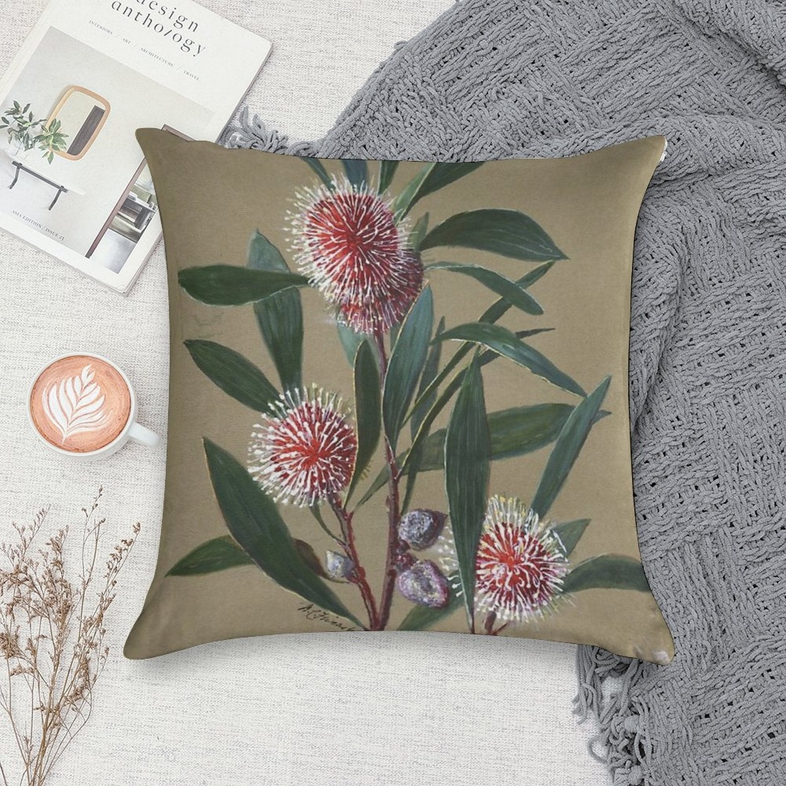 Australian Wildflower Watercolor Pincushion Hakea Soft High-Density Material Throw Pillow