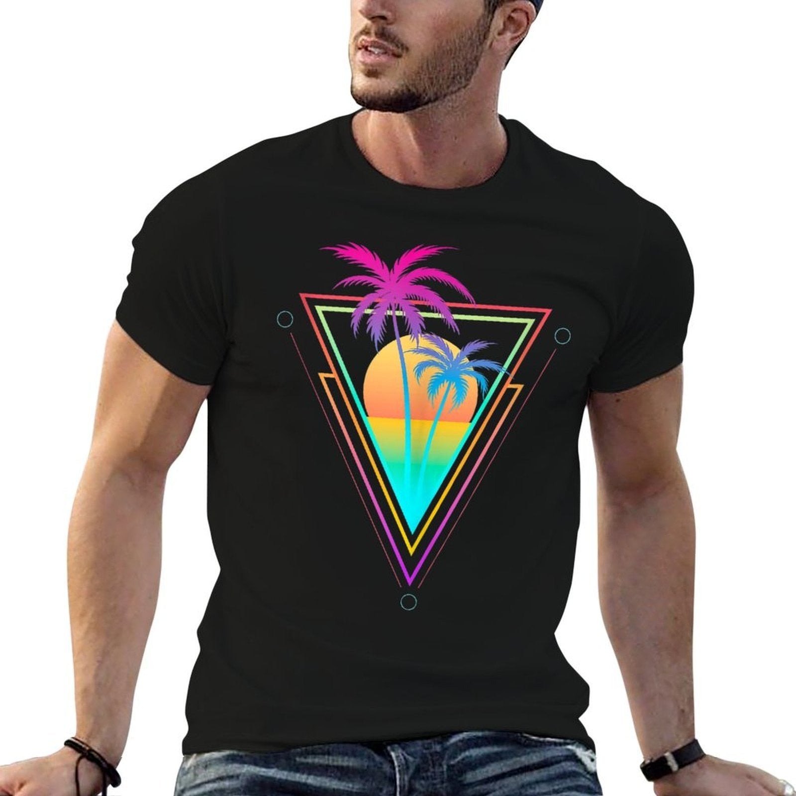 Retro 1980s 1990s Vaporwave Palm Trees Sunset Beach Surf Art  Stretchy T-Shirt