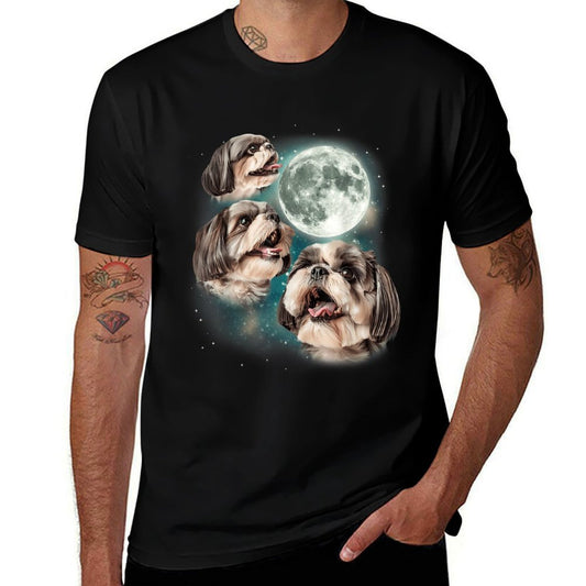 Three Shih Tzu Moon  3 Puppies Howling Fun Dog Parody Meme for Men Women  High-quality Stitching T-Shirt