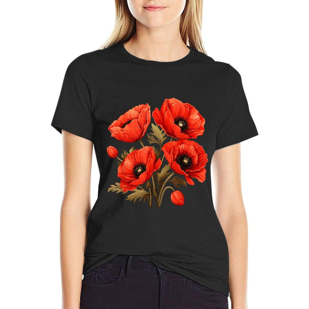 Red Poppy Flower Botanical Red Poppies For Women  Oversized Silhouette T-Shirt