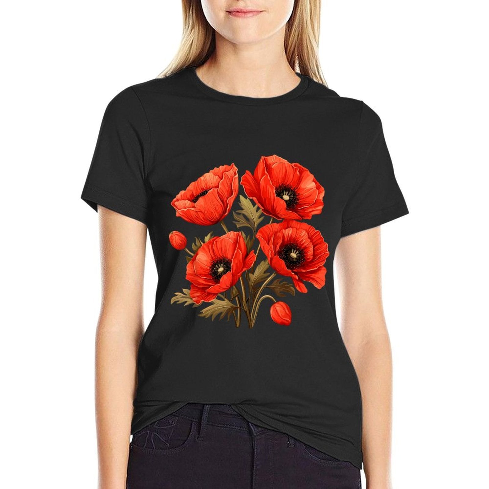 Red Poppy Flower Botanical Red Poppies For Women  Oversized Silhouette T-Shirt