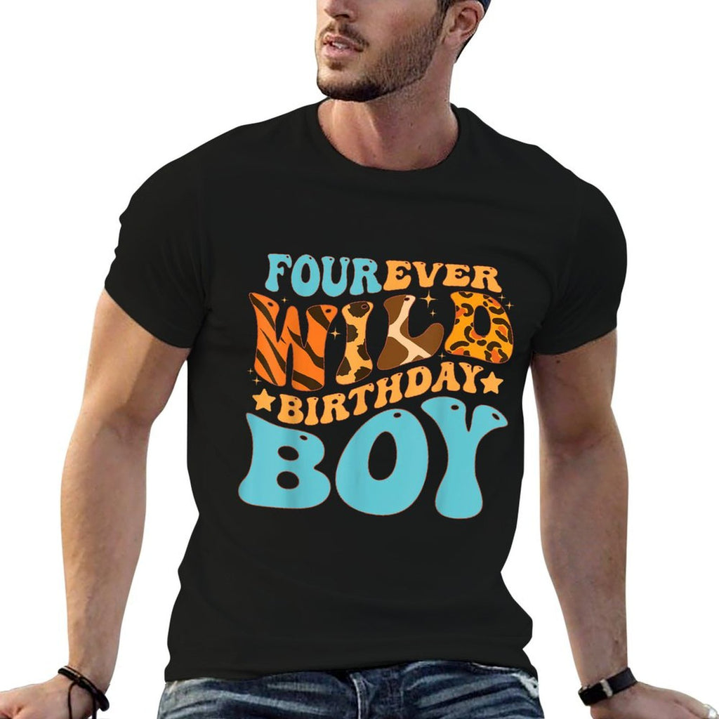 Four Ever Wild Birthday Boy Retro Groovy Safari Zoo Themed  Oversized Silhouette T-Shirt