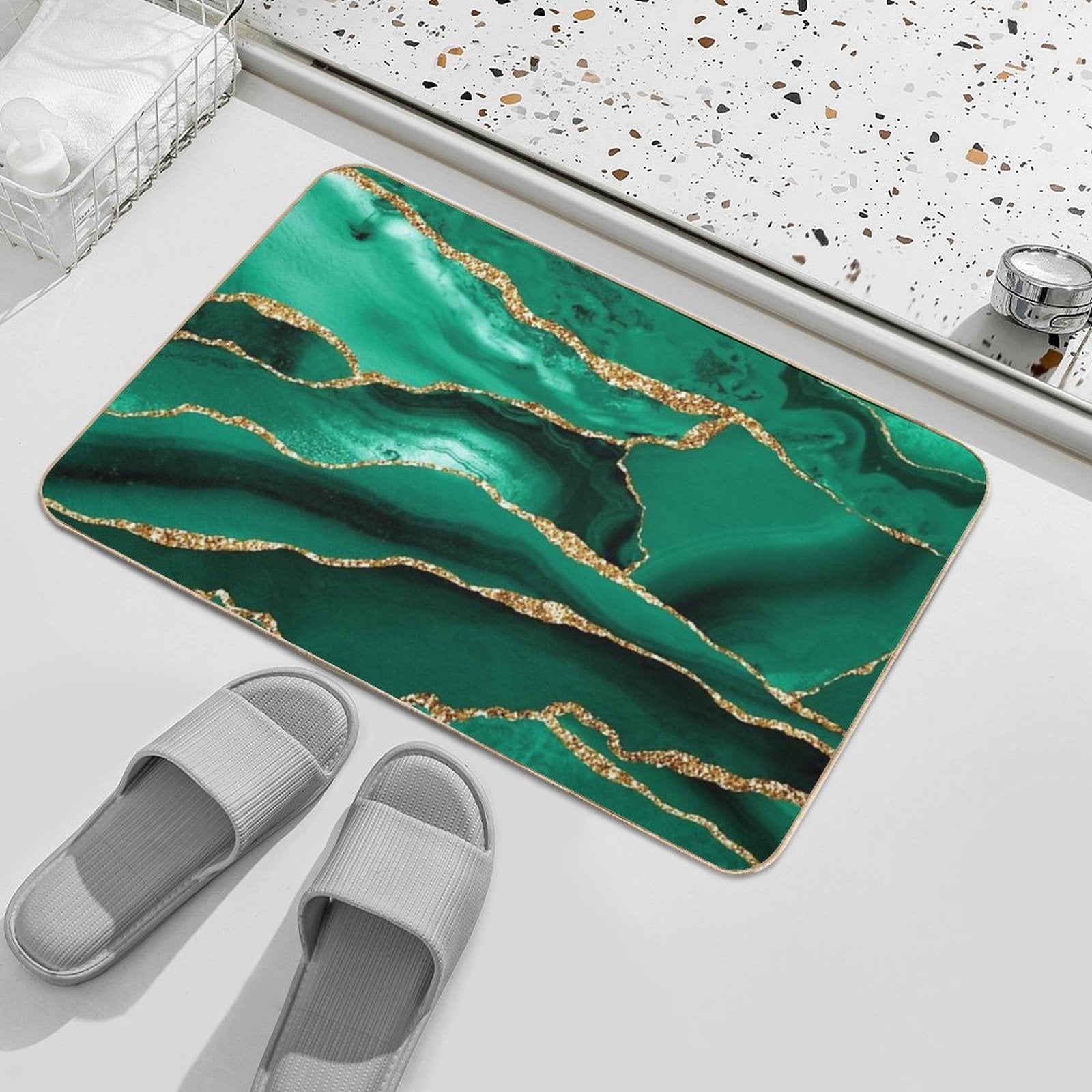 Emerald Green Malachite Faux Marble With Gold Glitter  Easy To Clean Bath Mat
