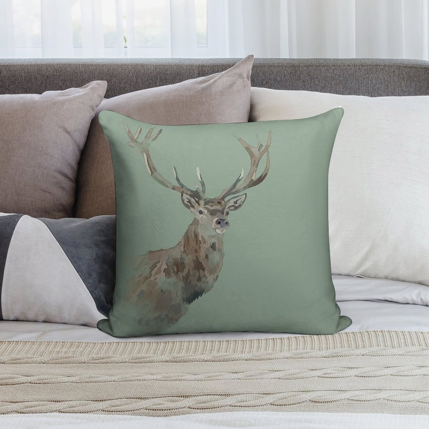 Watercolour Stag Green Soft Durable Construction Throw Pillow