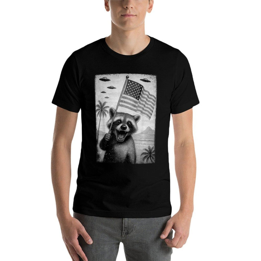 Funny Racoon Selfie with UFOs Meme 4th Of July Men Kid  High-quality Stitching T-Shirt