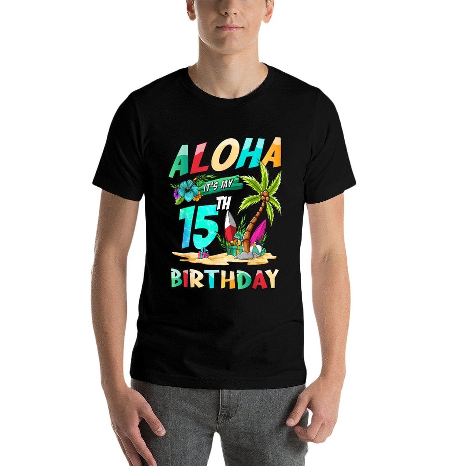Aloha 15th Birthday Hawaiian Beach Tropical Theme Bday  Rolled Sleeves T-Shirt