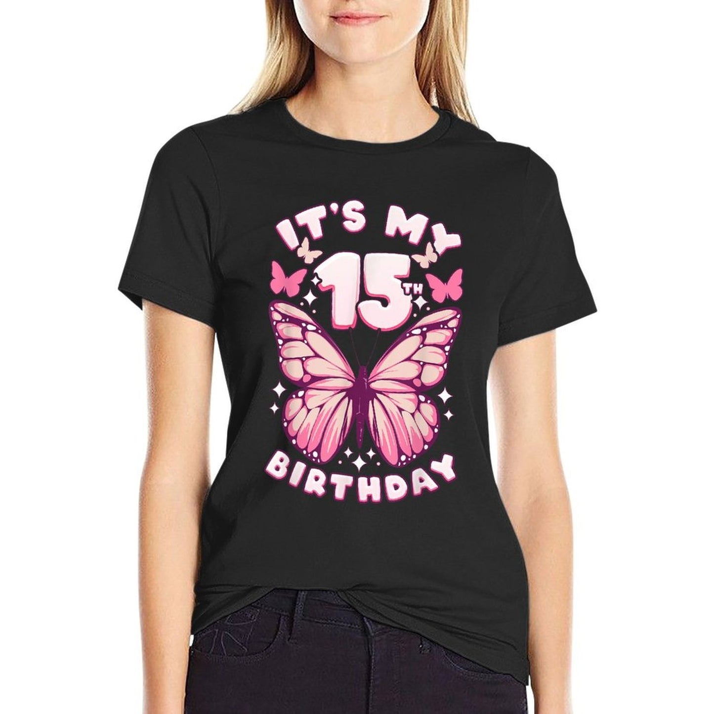 15th Birthday, Girl 15 Years, Butterflies And Number 15  Stretchy T-Shirt